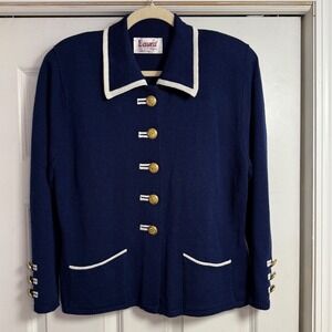 Vtg Laura by Alyzia Navy Blue Knit Goldtone Button Jacket Blazer Women's Size 12